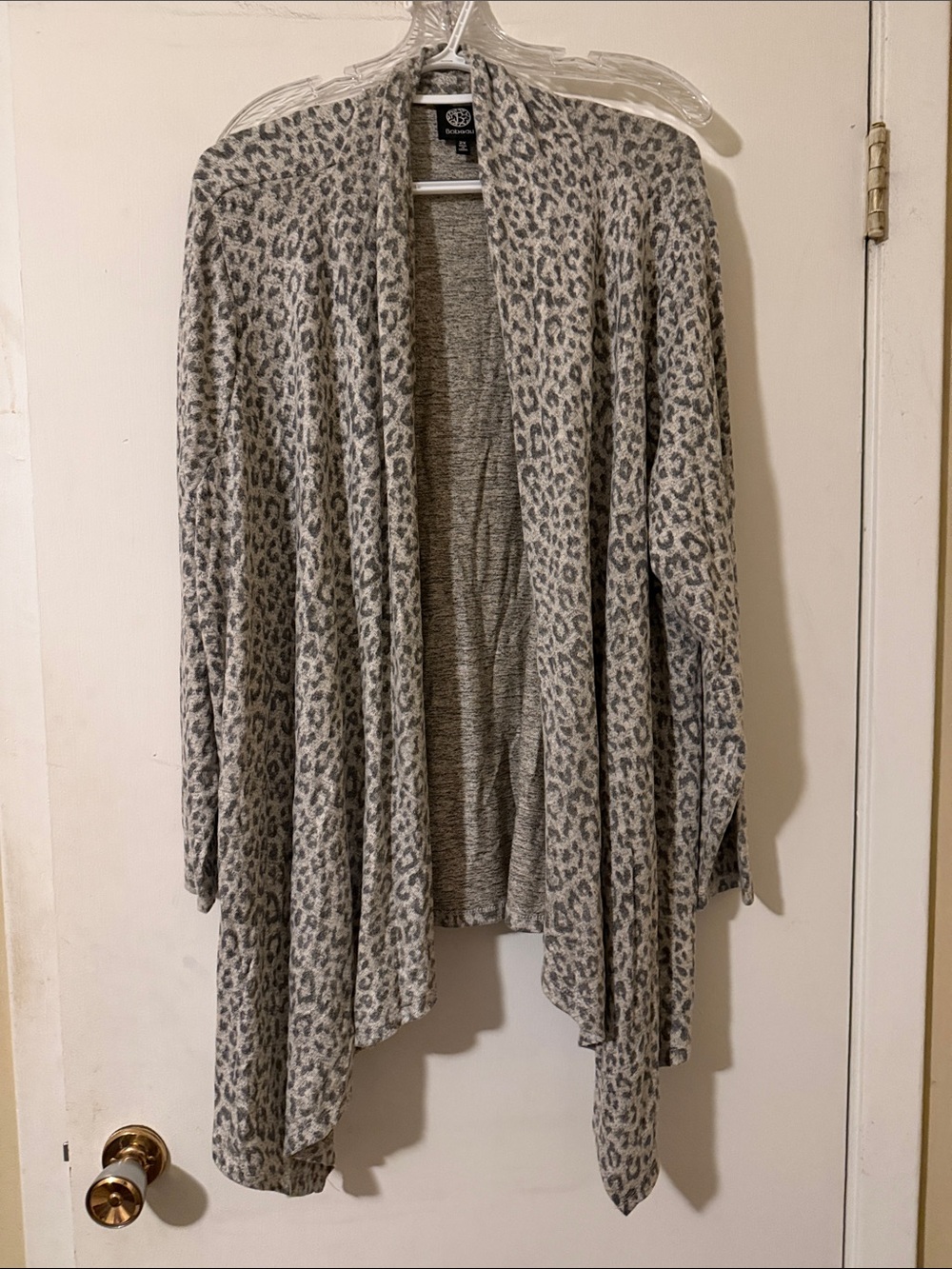 bobeau Light Gray Leopard Drape Front Cardigan